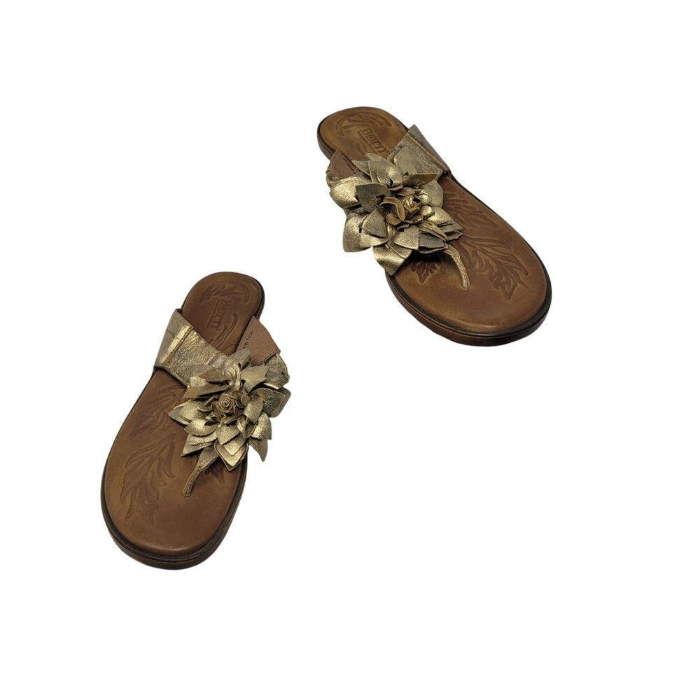 Born‎ Womens Astrid Metallic Gold Leather Sandals Sz 11 Handcrafted 3D Flower